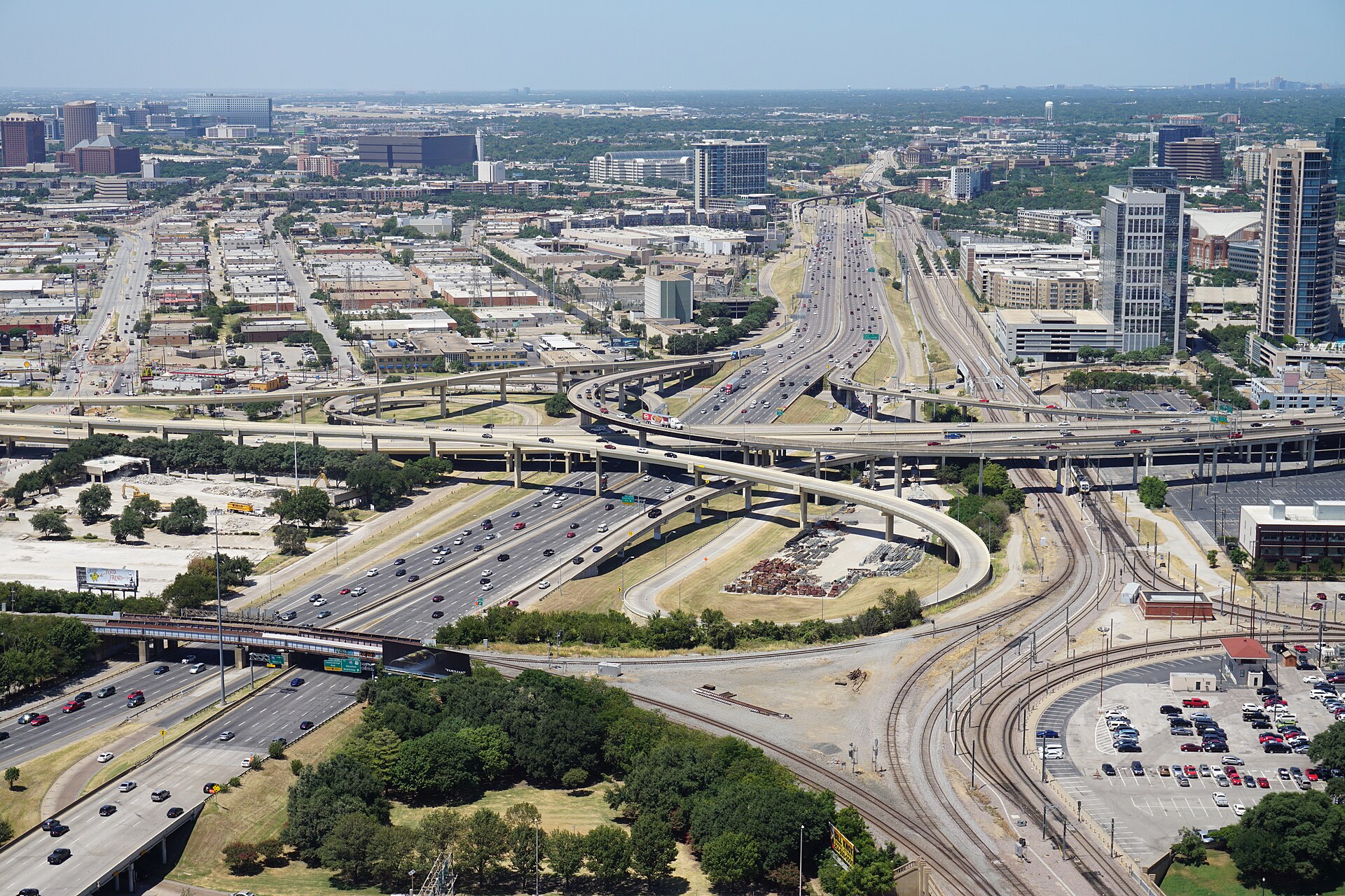 An elevated multi-level highway interchange