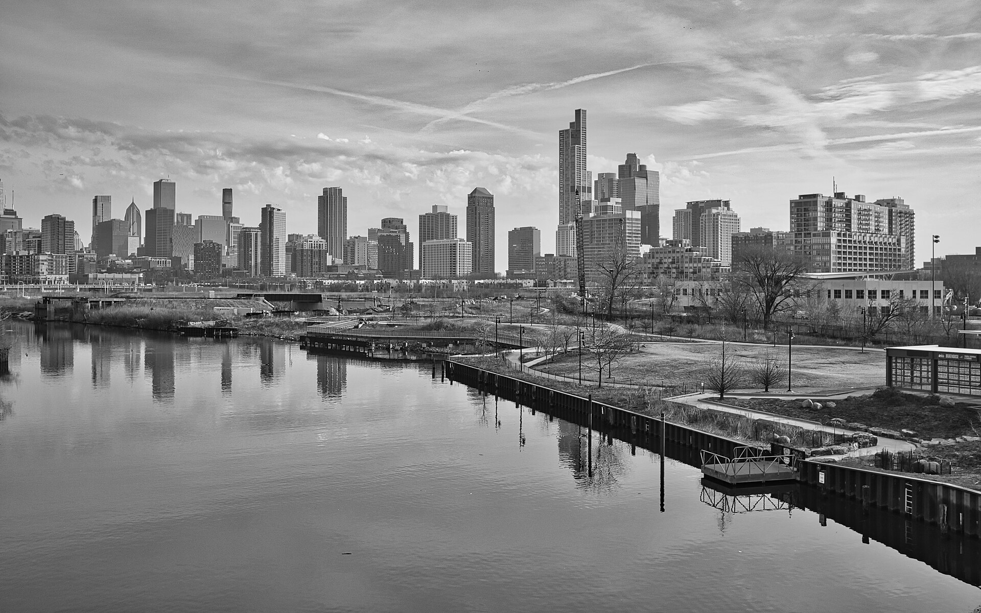 The Chicago skyline seen from the Chicago River